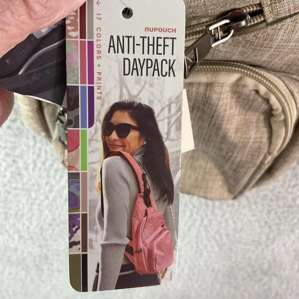 Nupouch Anti-Theft Sling Womens Small Tan Daypack Polyester Zip USB Port Light